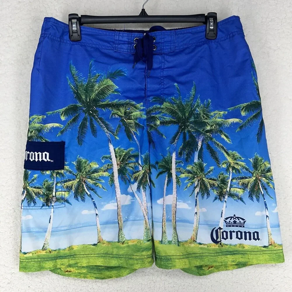 Corona Board Shorts Men's 38 Inseam 9.5" Palm Trees Lined Hawaiian Swim Beer - Picture 1 of 9